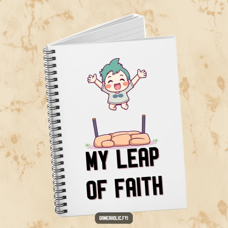 Funny notebook with a character excitedly leaping over a virtual obstacle with arms outstretched.