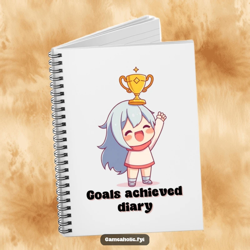 Funny notebook featuring a character joyfully holding up a tiny, golden trophy, ideal for noting down successes.