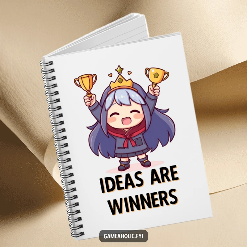 Funny Notebook cover with a character jubilantly holding a tiny trophy, ready to record funny thoughts and achievements.