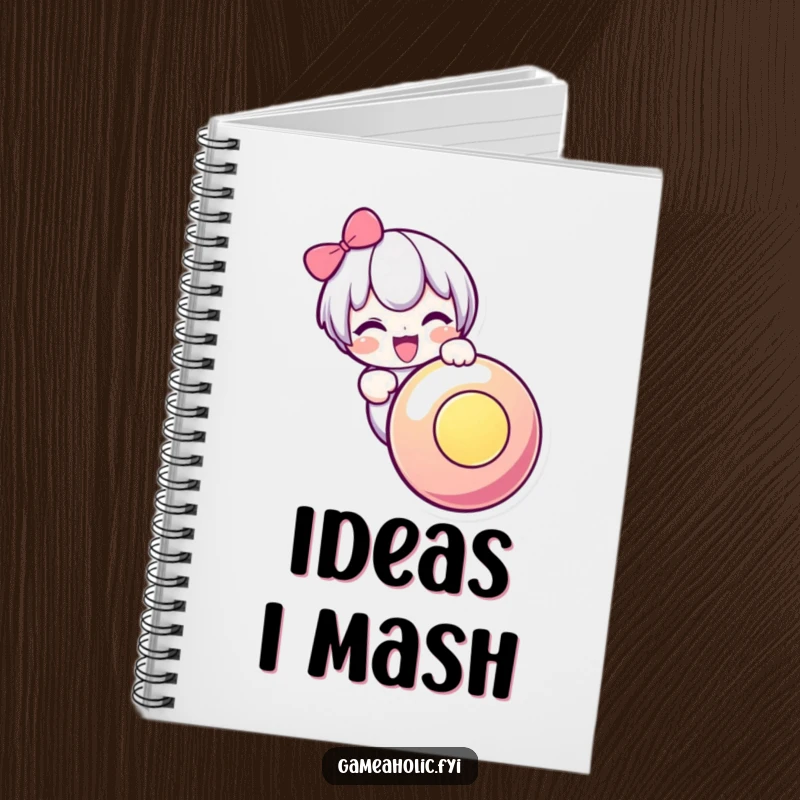 Funny notebook with a cute character excitedly mashing a large, glowing button, perfect for jotting down ideas with gamer flair.