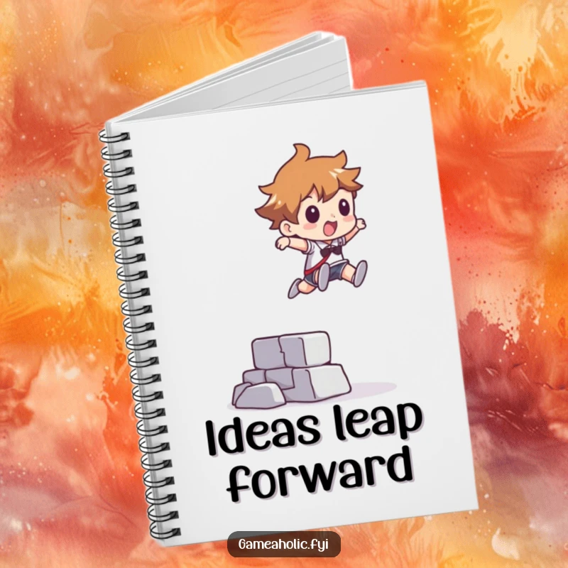 Funny notebook with a character leaping over a pixelated obstacle, perfect for jotting down notes with an abstract theme.