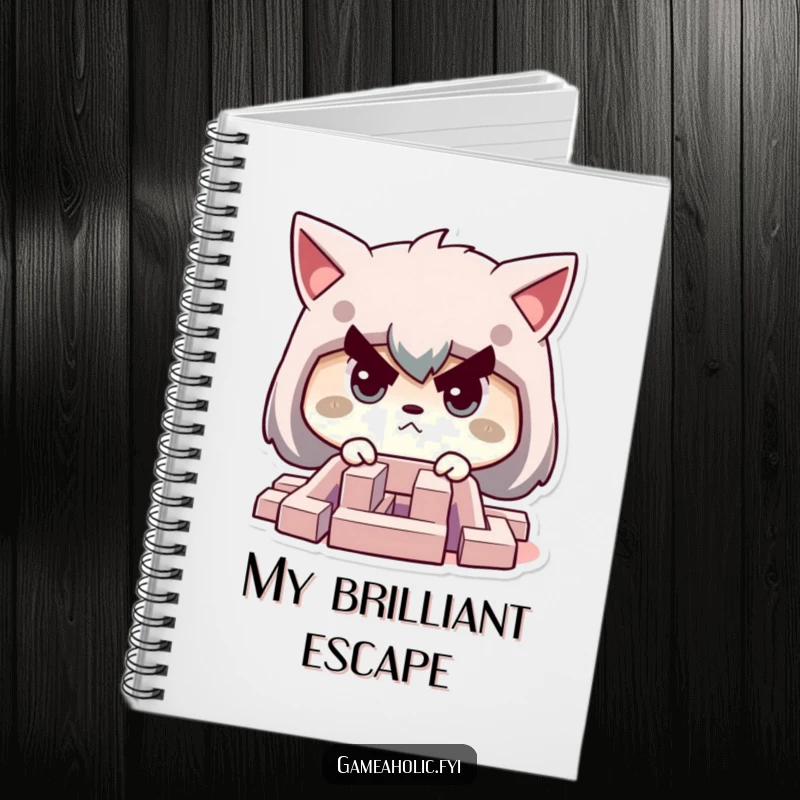 Funny notebook featuring a character with a determined face, focused on navigating a tiny, challenging maze.