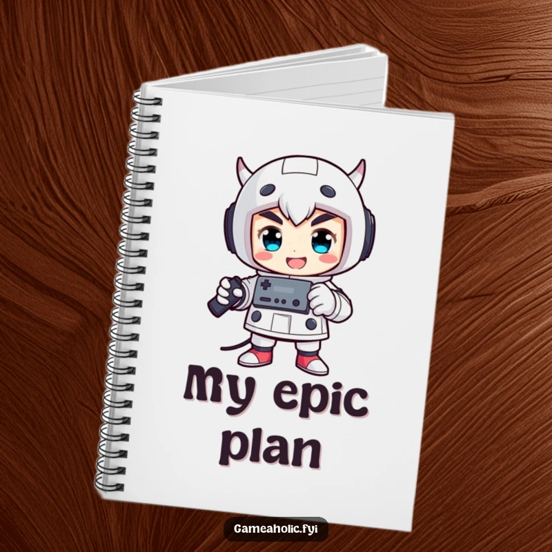 Funny notebook cover with a proud character striking a victorious pose, holding a game controller.