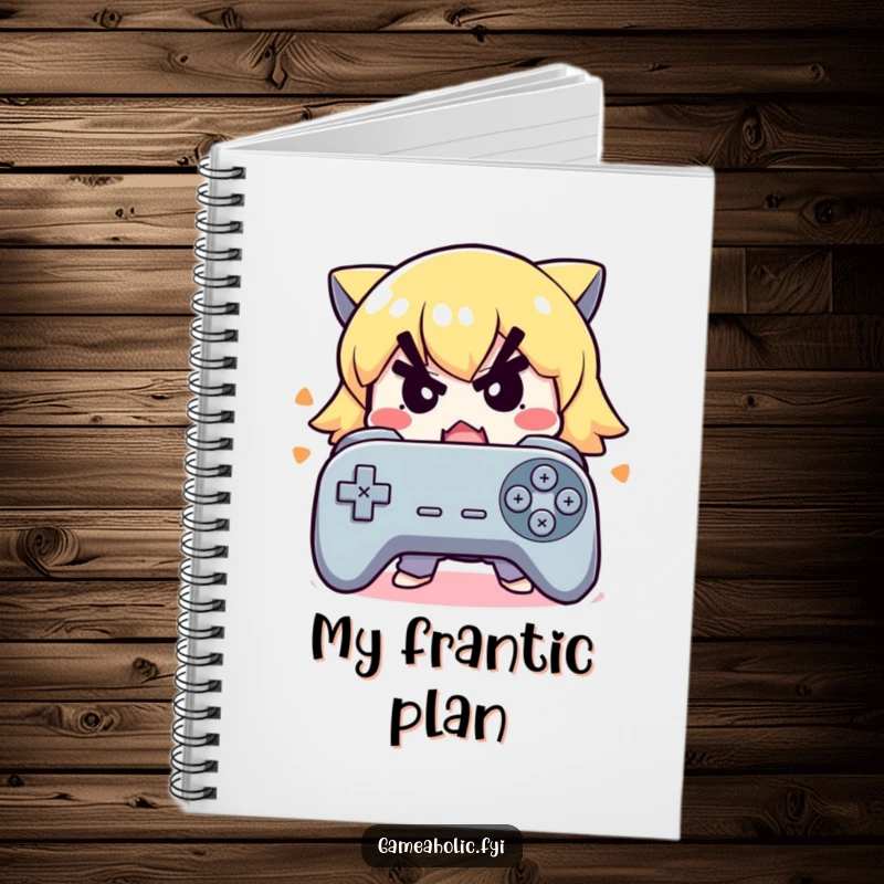 Funny notebook with a cute character with a determined expression frantically mashing buttons on a controller.