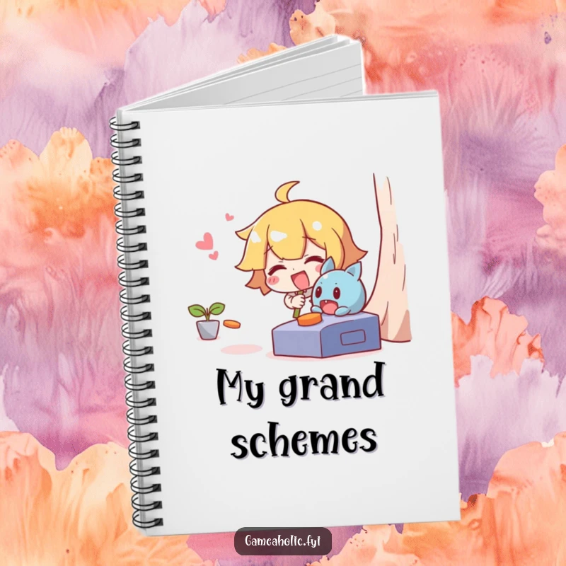 Funny notebook with a giggling character trying to catch a mischievous character escaping from a video game on the cover.