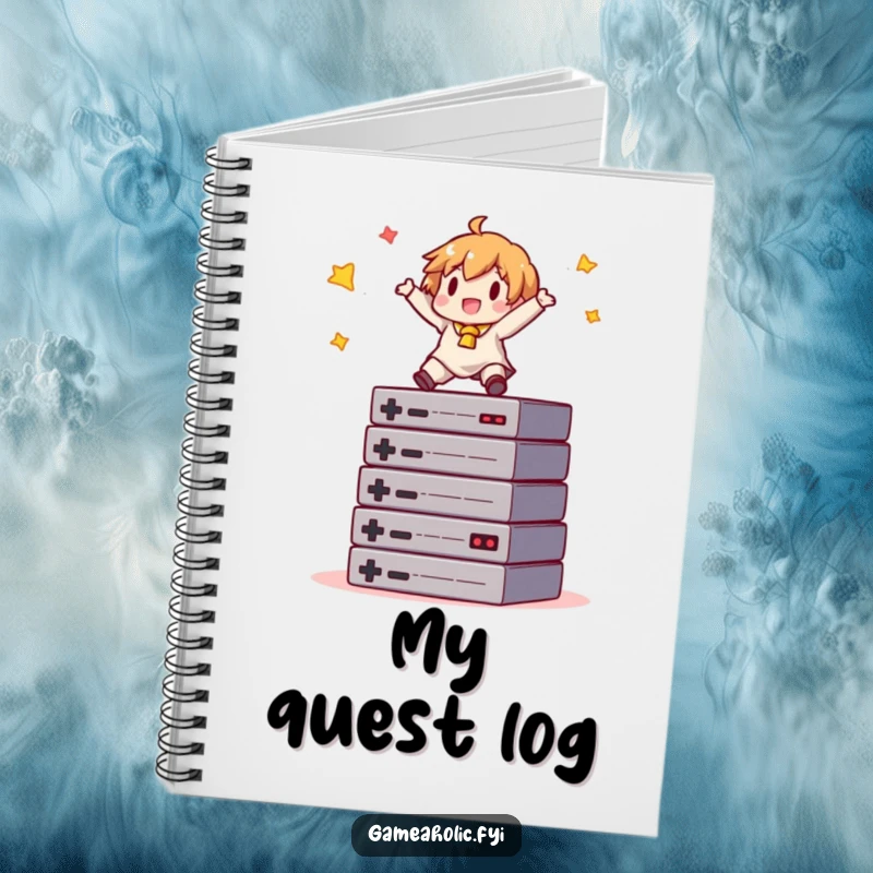 Funny gamer notebook with a character balancing on game cartridges, ideal for jotting down strategies and game notes.