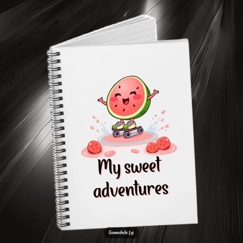 Funny notebook showing a happy watermelon slice on roller skates, gliding on juice, encouraging fruity planning.