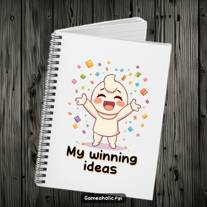 Funny notebook cover with a happy character tossing confetti made of small video game icons.