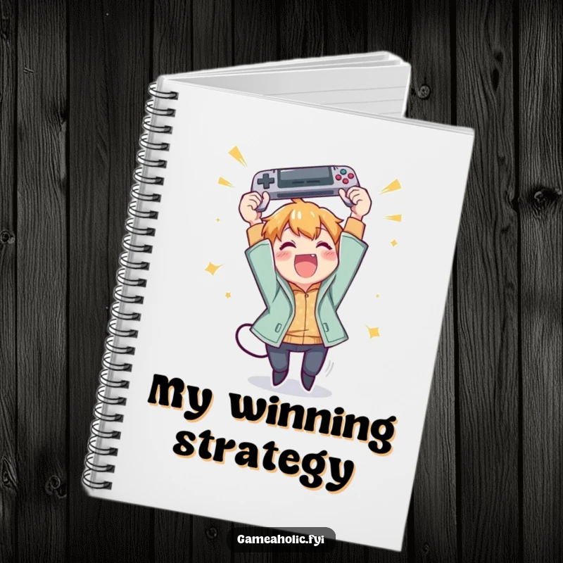 Funny notebook with a character excitedly throwing a gamepad in the air with pure joy.