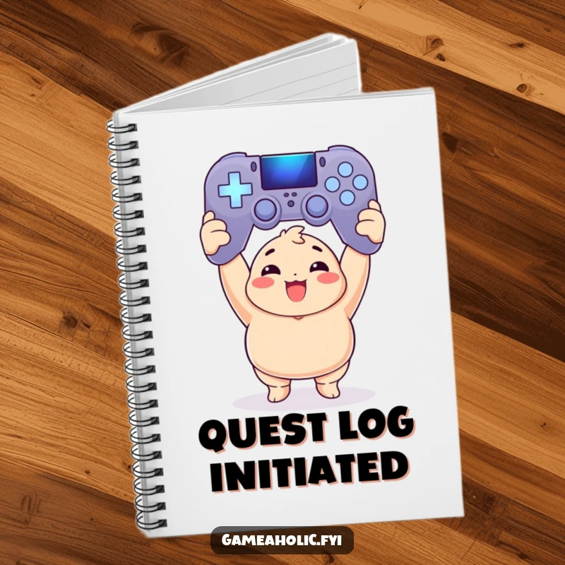 Funny Notebook: Chubby gamer with a triumphant expression holds a giant glowing game controller, ready to strategize.