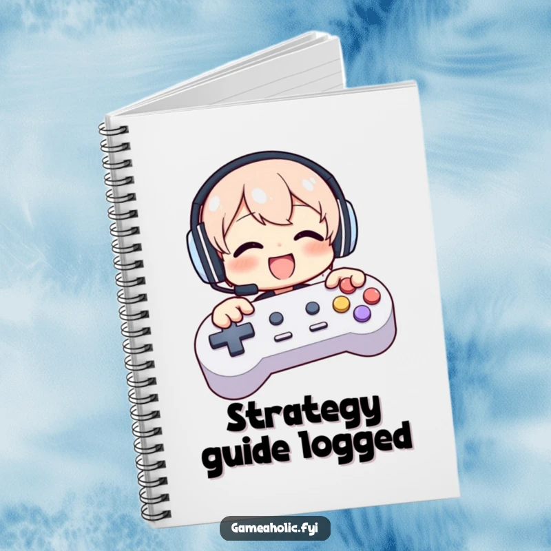 Funny notebook cover with a character wearing headphones, gleefully mashing giant controller buttons, promoting focus.