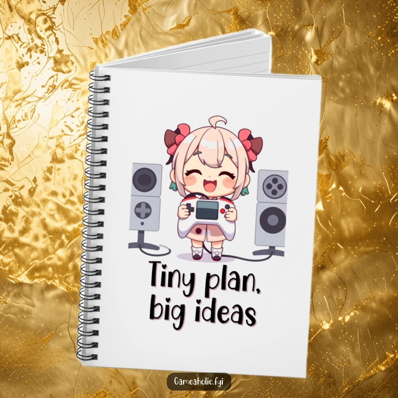 Funny Notebook featuring a character gleefully holding a tiny, comically oversized game controller, ideal for notes and gaming plans.