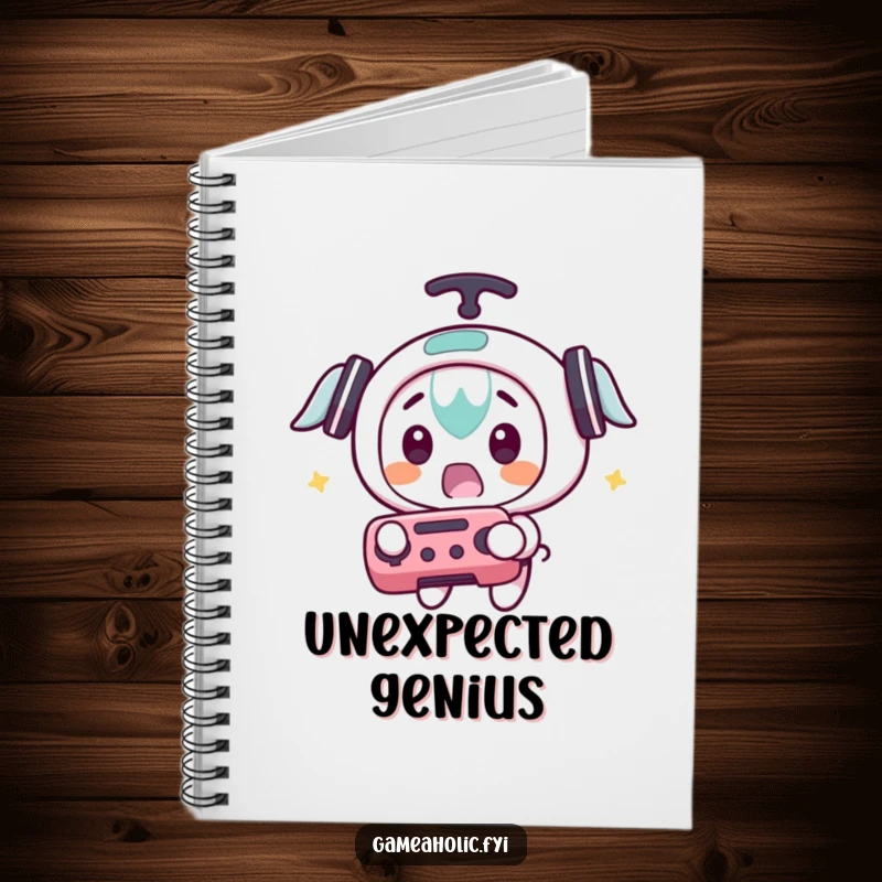Funny notebook cover with a character surprised by a flying game controller, ideal for jotting down quick thoughts.
