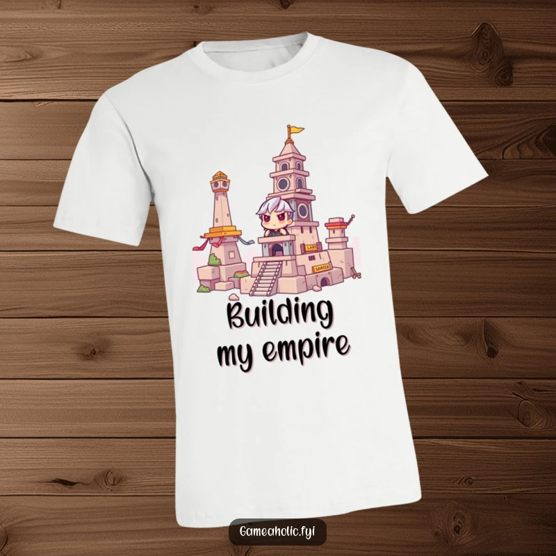 Funny T-Shirt: Gamer intensely concentrating, building a massive tower in a game, showing dedication and skill, a funny gift for players.