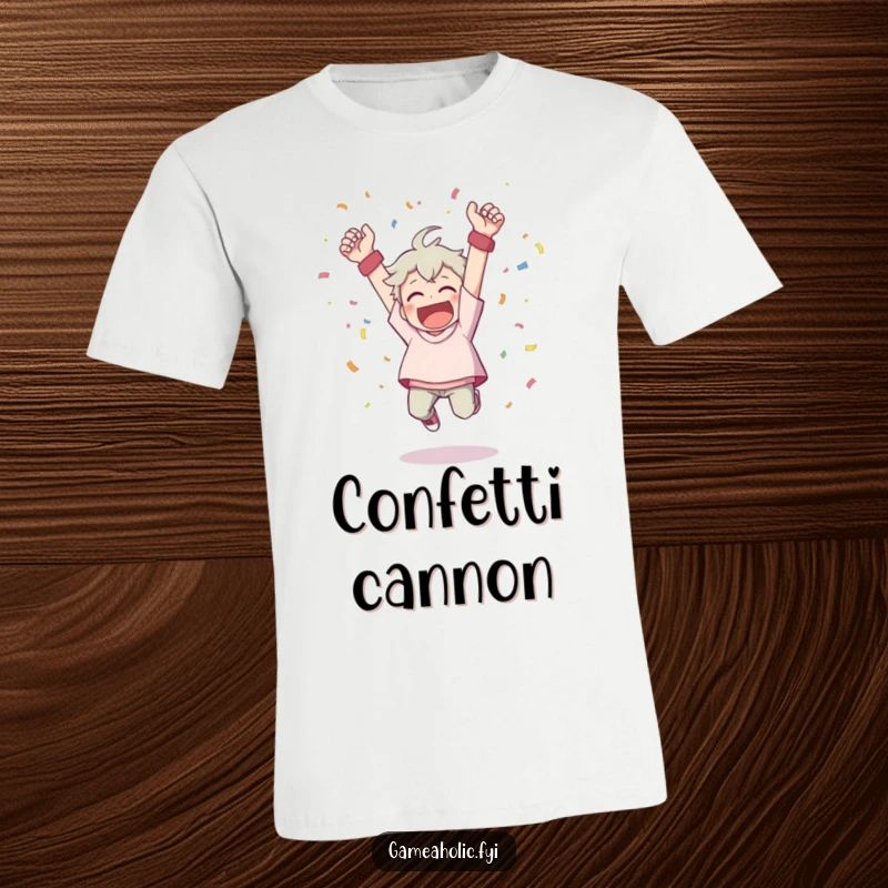 Funny t-shirt featuring a character cheering wildly, tossing confetti while mid-leap from a victory pose.