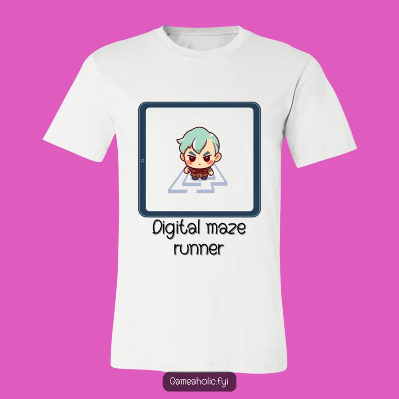 Funny Tablet Maze T-Shirt: Determined Character's Digital Quest