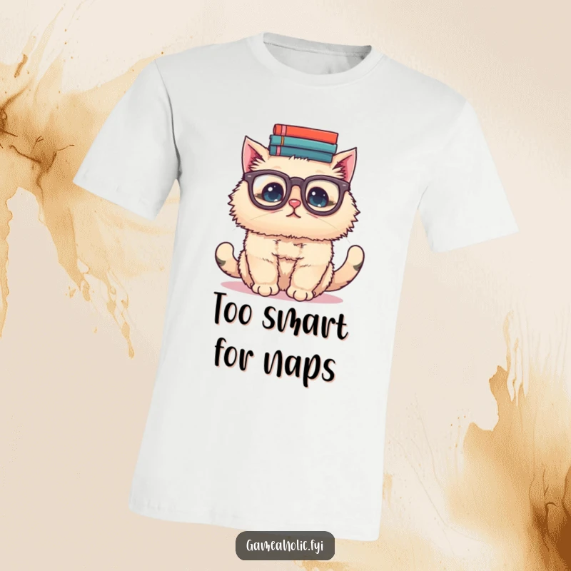 Funny t-shirt design of a fluffy cat in big glasses, attempting to balance a precarious stack of various books on its head.