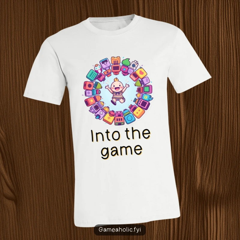 Funny t-shirt featuring a happy character leaping with joy into a vortex of diverse and colorful game icons, signifying immersion.