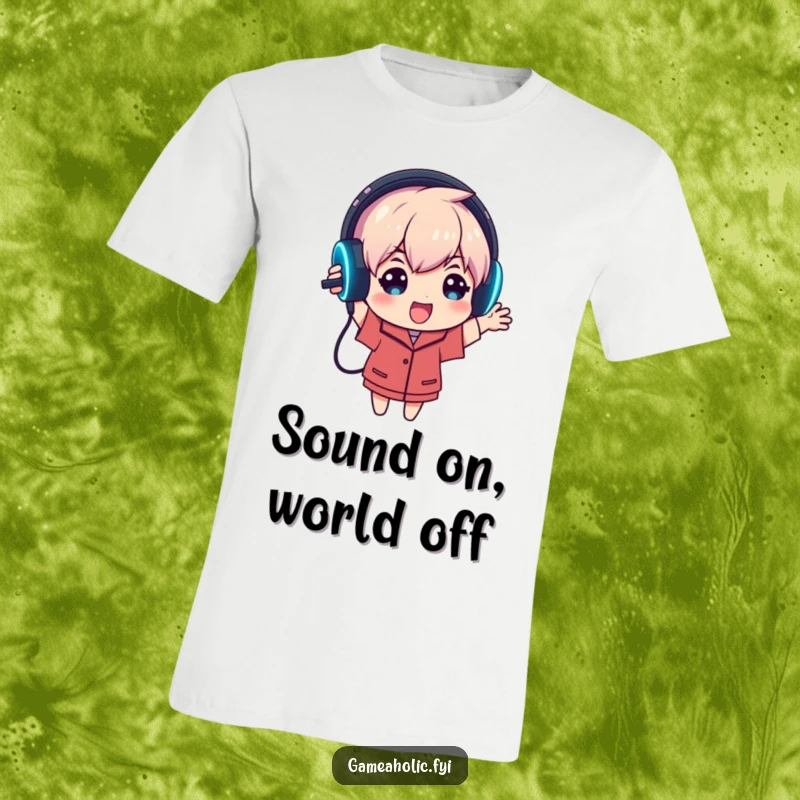 Funny t-shirt shows an excited gamer character proudly displaying a glowing gaming headset, representing immersive audio and gaming passion.
