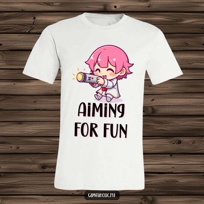 Funny t-shirt featuring a character playfully aiming a tiny, glowing joystick, embodying focus and gaming readiness.