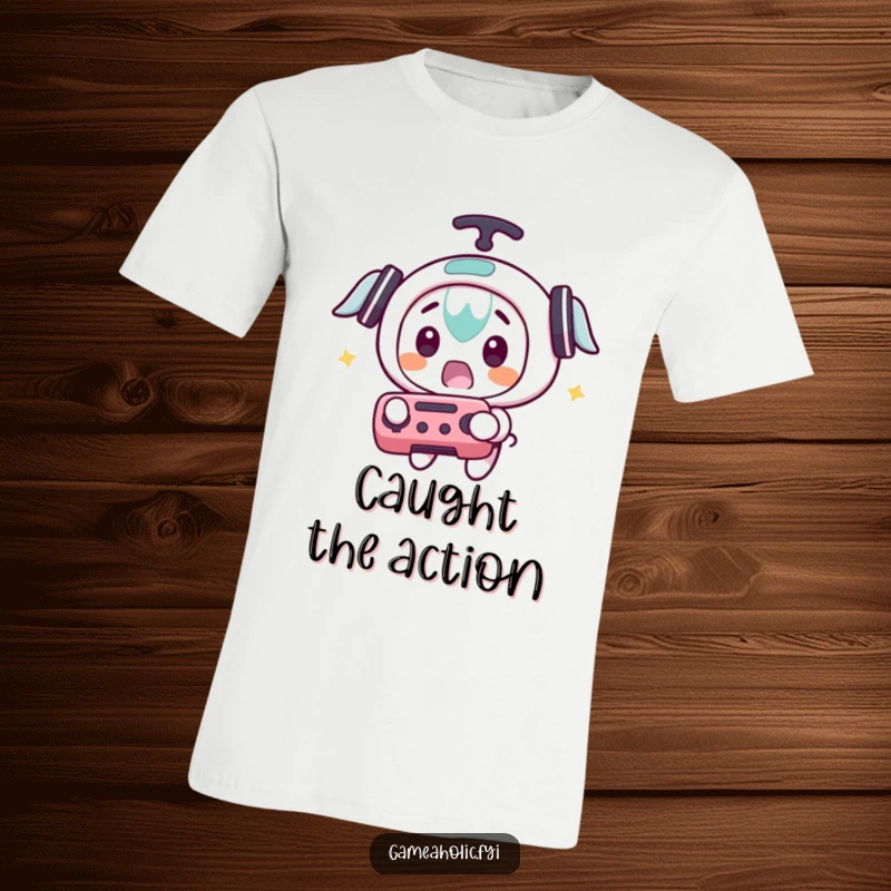 Funny t-shirt featuring a character looking surprised while catching a flying game controller, depicting a moment of unexpected action.
