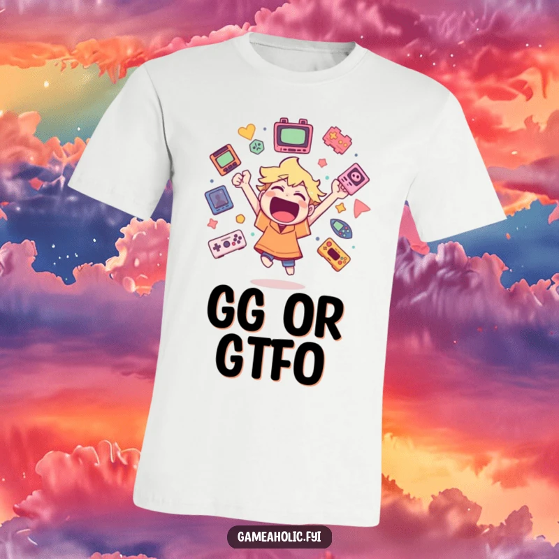 Funny t-shirt featuring a character cheering wildly, surrounded by floating game icons, embodying pure gaming excitement and joy.