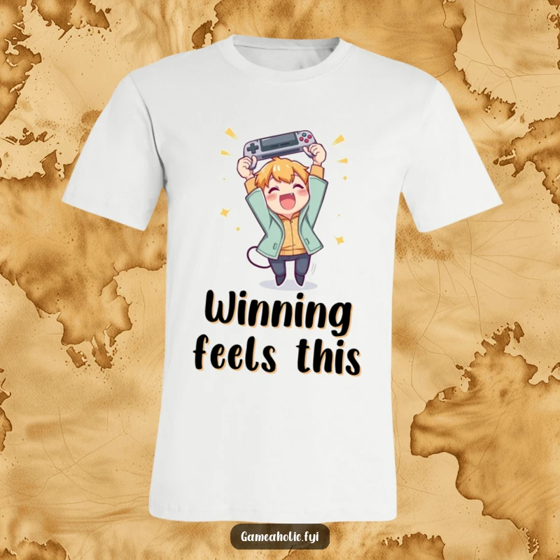 Funny t-shirt featuring a character excitedly throwing a gamepad in the air with pure, unadulterated joy.