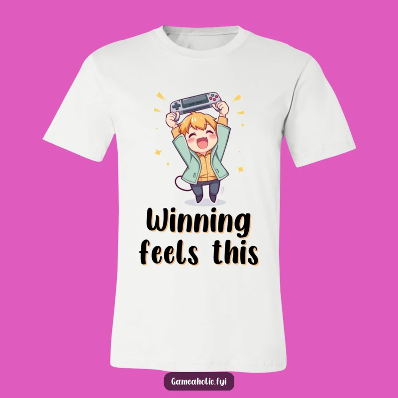 Funny Gamer Victory T-Shirt: Exuberant Character Tosses Gamepad, Great Gift