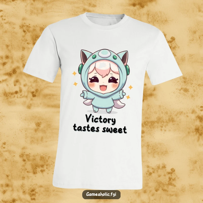 Funny t-shirt of a character with joyful eyes celebrating a successful in-game maneuver, a humorous and celebratory gift for gamers.