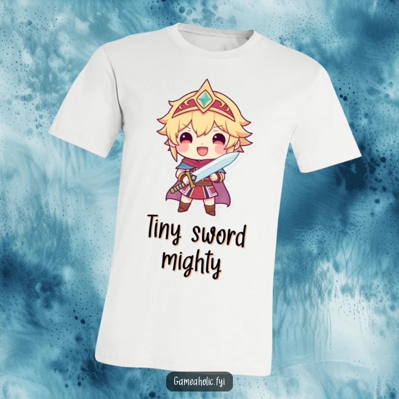 Funny t-shirt featuring a character beaming with pride while holding a small, sparkling sword, symbolizing heroism and victory.