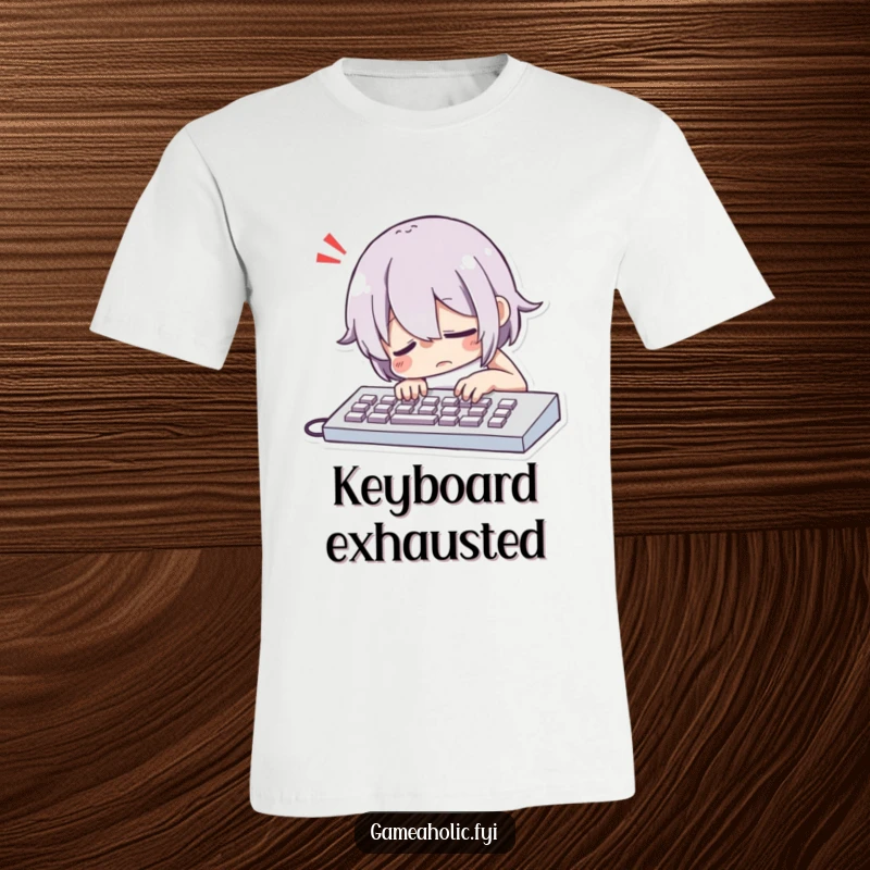 Funny Character Dramatically Slumping Over a Keyboard with a Comically Exaggerated Sigh T-Shirt, Humorous Apparel.