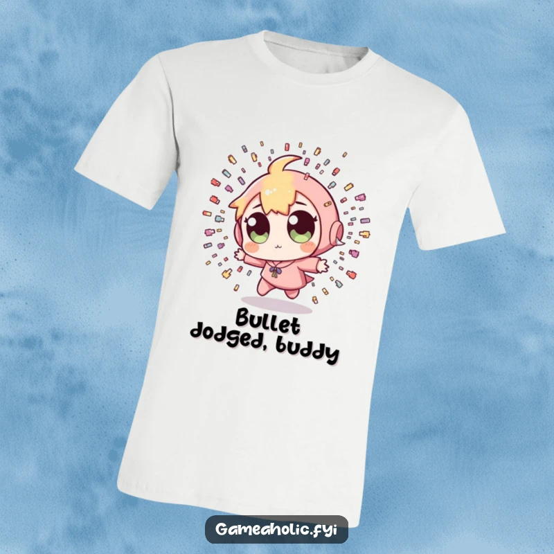 Funny Pixel Bullet T-Shirt: A character with wide eyes narrowly avoiding a cascade of small, pixelated bullets, perfect for action game enthusiasts.