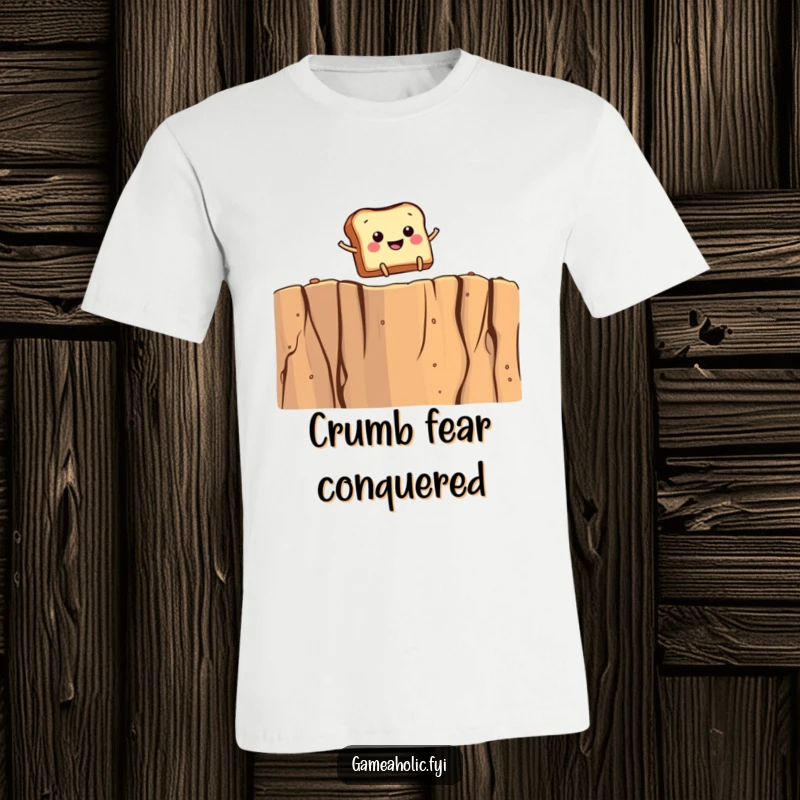 Funny t-shirt of smiling toast with tiny legs making a daring leap over a giant crumb cliff, capturing breakfast bravery.