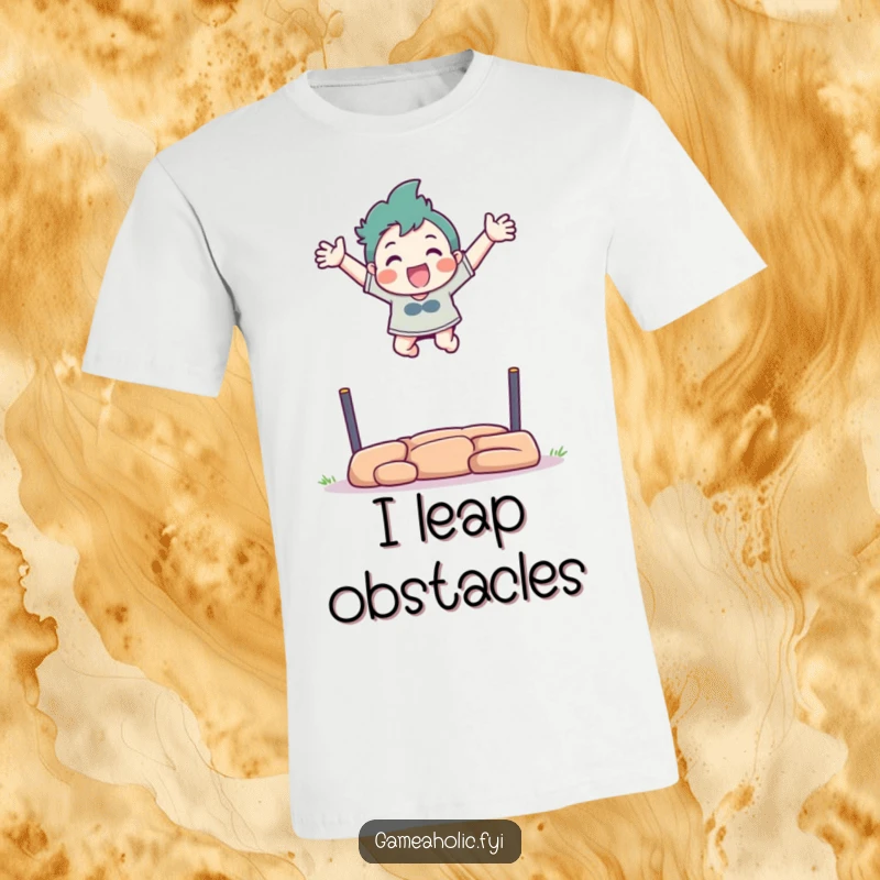 Funny t-shirt featuring a character excitedly leaping over a virtual obstacle with arms outstretched.