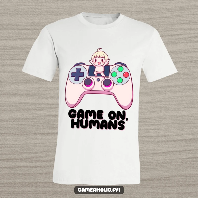 Funny Gamer T-Shirt: A cute character excitedly jumping on a large, illuminated controller button, symbolizing gaming victory and fun.