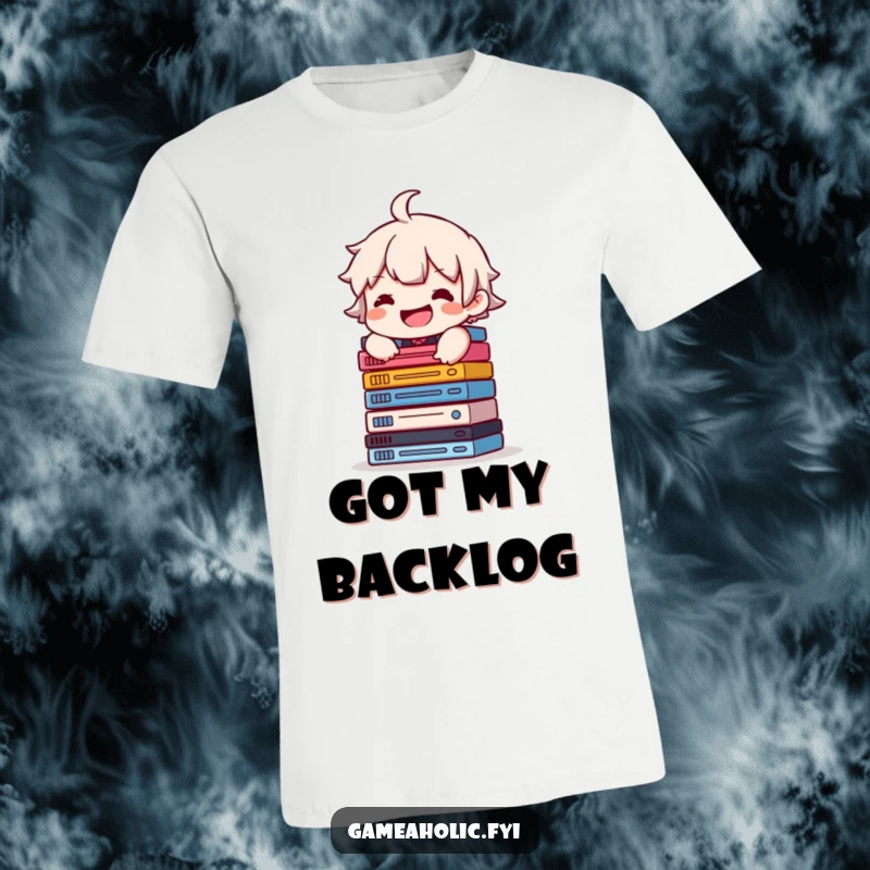 Funny t-shirt depicting a character with a grin, balancing a precarious stack of video game cases, celebrating collection.