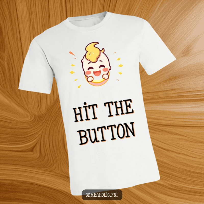 Cute character with a joyful expression smashing a glowing button, embodying excitement and impulse, on a t-shirt.