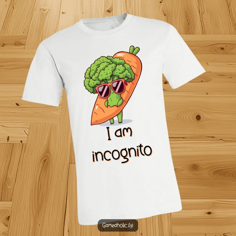 Funny t-shirt of a shy broccoli stalk in oversized shades, peeking from behind a huge carrot, representing cool introversion.