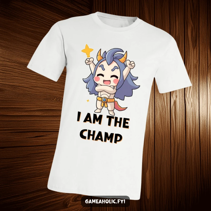Funny t-shirt showcasing a character with crossed arms in a triumphant pose, celebrating a gaming victory with pure elation.