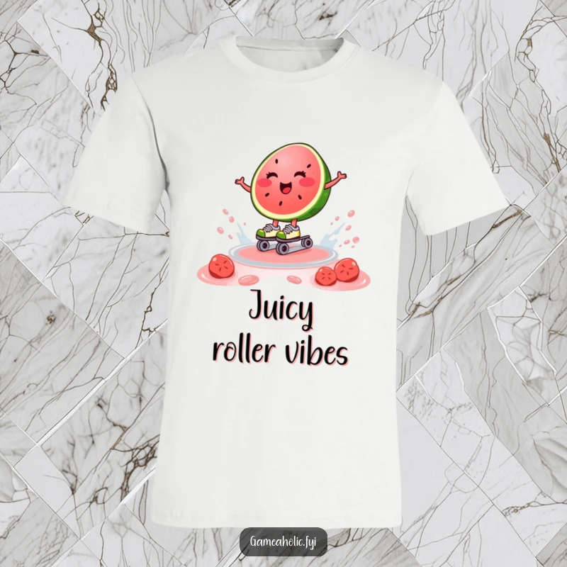 Funny t-shirt of a happy watermelon slice wearing roller skates, gliding smoothly on a juice puddle, embodying summer freedom.