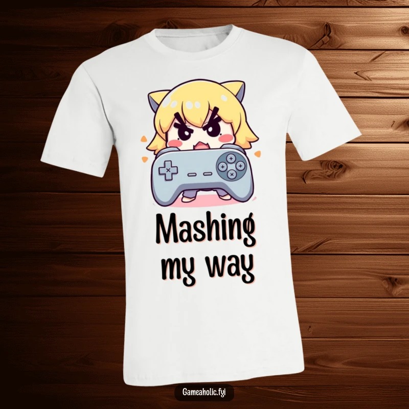 Funny t-shirt featuring a cute character with a determined expression frantically mashing buttons on a controller.