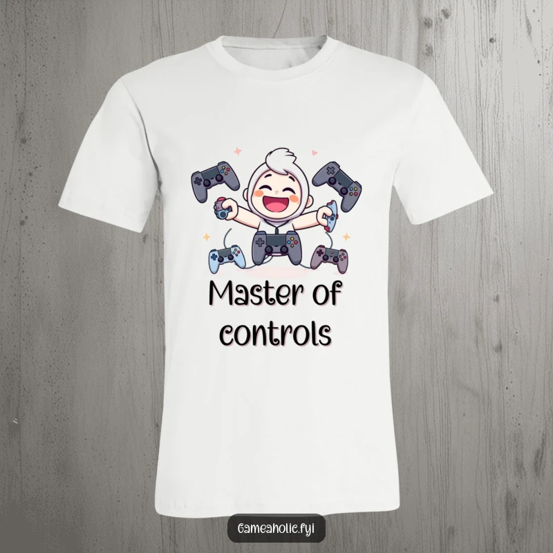 Funny t-shirt featuring a giggling character joyfully juggling multiple game controllers, symbolizing gaming multitasking and fun.