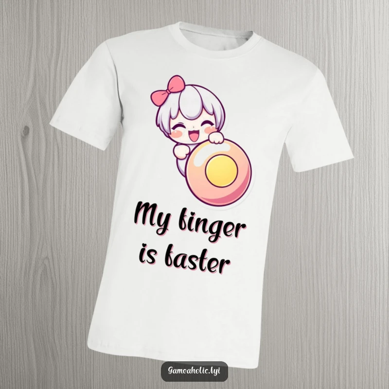 Funny t-shirt featuring a cute character joyfully slamming a giant, glowing button, depicting pure excitement and gamer passion.