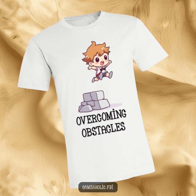 Funny t-shirt featuring a character leaping over an abstract pixelated obstacle, representing overcoming challenges and dynamic movement.