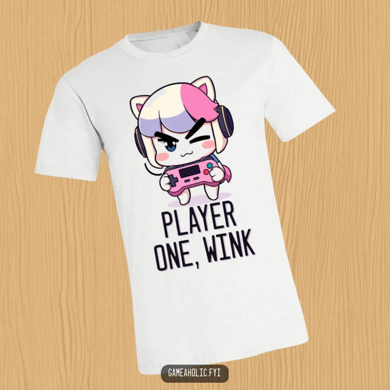 Funny Mischievous Gamer T-Shirt: A character winks slyly holding a controller, embodying a playful and cunning gamer spirit.