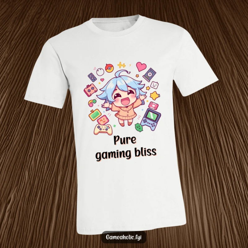 Funny t-shirt of a happy character bursting with excitement, surrounded by colorful game icons, embodying gaming elation.