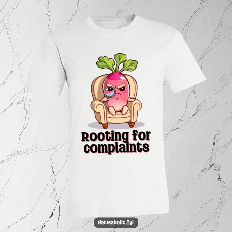 Funny t-shirt print of a radish with a grumpy expression, sitting in a tiny armchair and holding a magnifying glass.