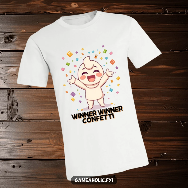 Funny t-shirt showing a happy character tossing confetti made from tiny, recognizable video game icons.