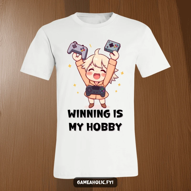 Funny t-shirt shows a thrilled gamer character joyfully tossing a controller upwards, beaming with a wide smile after a win.