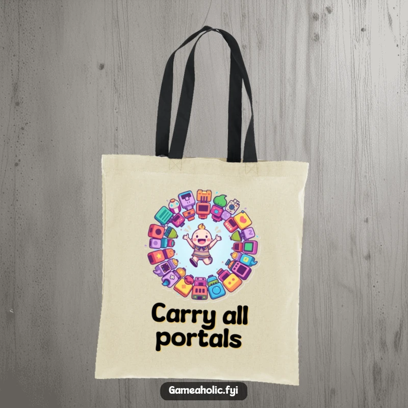 Funny tote bag depicting a happy character leaping into a swirling portal brimming with beloved game icons, perfect for carrying essentials.